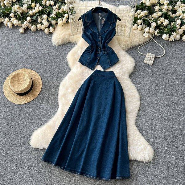 Women's Clothing Age Reducing Suit For Women In Summer, Light Mature Style, Pleated Waist, Lapel Sleeveless Denim Top + High Waist Skirt-image