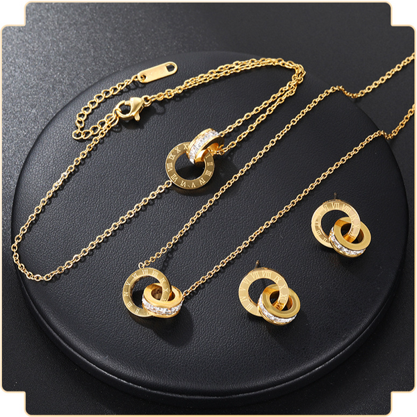 Fashion Roman Micro Diamond Double Ring Bracelet Simple Light Luxury Niche Design Clavicle Chain Earrings Set-image