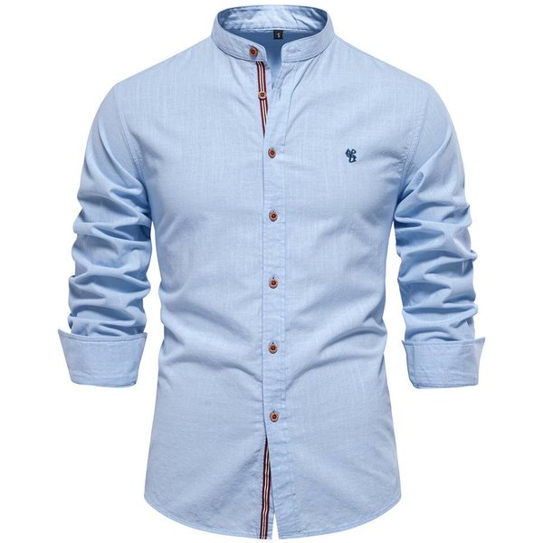 Spring 2025 Japanese Fashion Style Business Blouse Men's Stand Collar Embroidery Single-Breasted Long Sleeve Cotton Linen Shirt