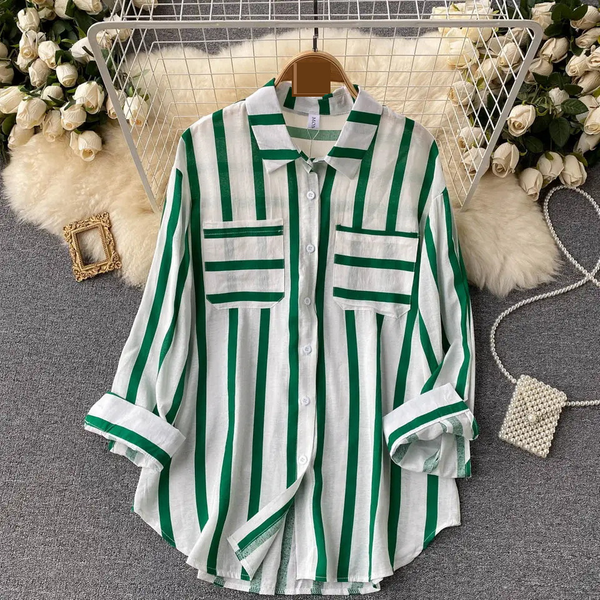 Women's Clothing Mid Length Vertical Striped Multi Color Shirt Female Casual Loose Long Sleeved Top