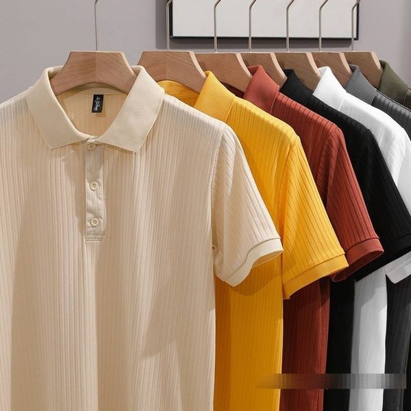 Men's Slim-Fit Polo Shirt – Summer Breathable Polyester, Striped & Solid Colors, Business Casual Short Sleeve (Black, White, Beige, More)