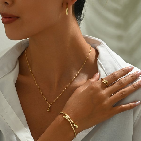 Women’S Jewelry Set Fashion Simple And Fresh Korean Earrings And Necklace Jewelry Set Water Drop Design Ring Personality Opening Adjustment Bracelet-image