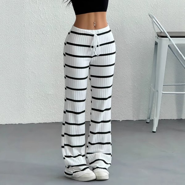 Striped Wide-Leg Pants With Drawstring Waist – High-Waisted Flowy Trousers For Effortless Style-image