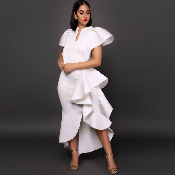 Women's V-Neck Ruffled High Waist Plus Size Slim Fit Irregular Hem Women's Dress White Dress-image