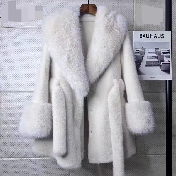 Women's Clothing Fur Rabbit Fur Splicing Fox Fur Luxury Faux Fur Coat With Fox Fur Collar - Warm Slim-Fit Winter Coat For Women (Black, Silver Fox)