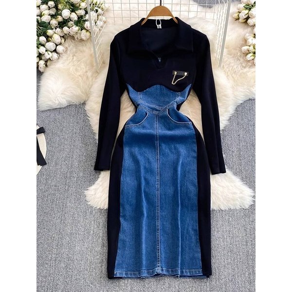 Women's Clothing Temperament Long Sleeve V Neck Waist Slim Denim Patchwork Medium And Long Hip Dress