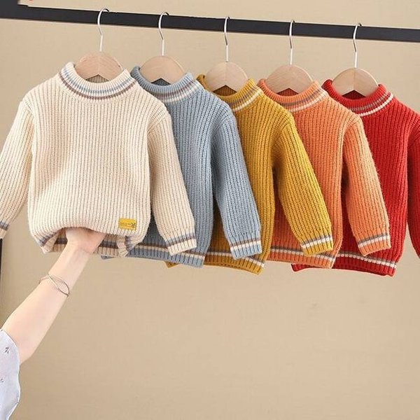 Boys Girls Knit Sweater Soft Cotton Round Neck Long Sleeve Pullover For Kids 3-8 Years (100-140cm) - Red, Light Blue, Beige, Yellow, Orange