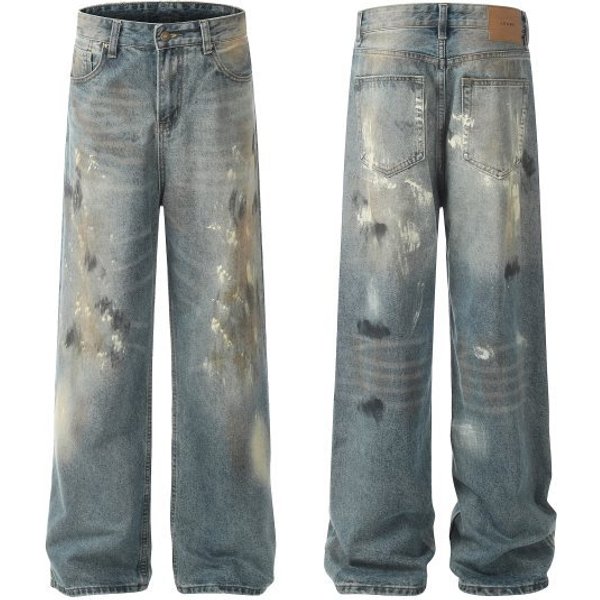 Men's Clothing high street washed loose wide leg silhouette workwear ink splashed flared jeans