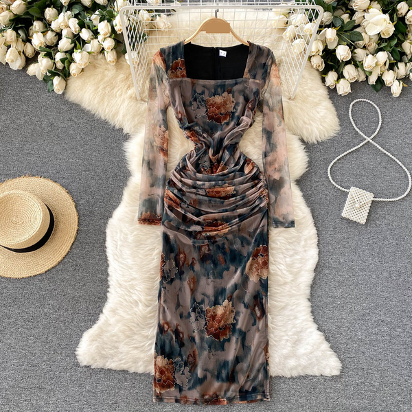 Women's Clothing Temperament Printed Square Neck Long Sleeved Dress Pleated Slim Elegant Feminine Slit Hip Skirt-image