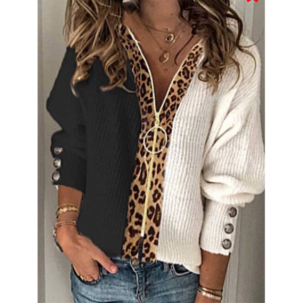 Women's Autumn And Winter New Leopard Zipper Cardigan Women
