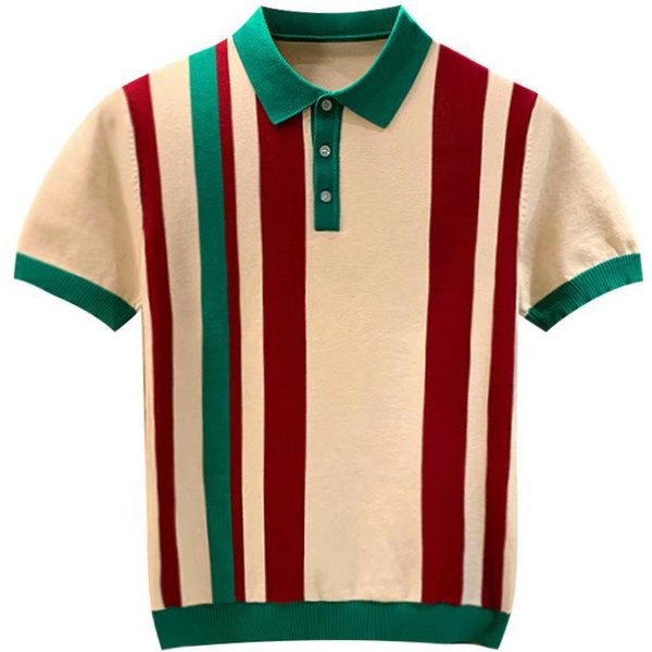 Men's Clothing Luxury Fashion Slim Lapel Sweater Elegant Vertical Stripes Color Matching Short Sleeved Knitted Polo Shirt-image