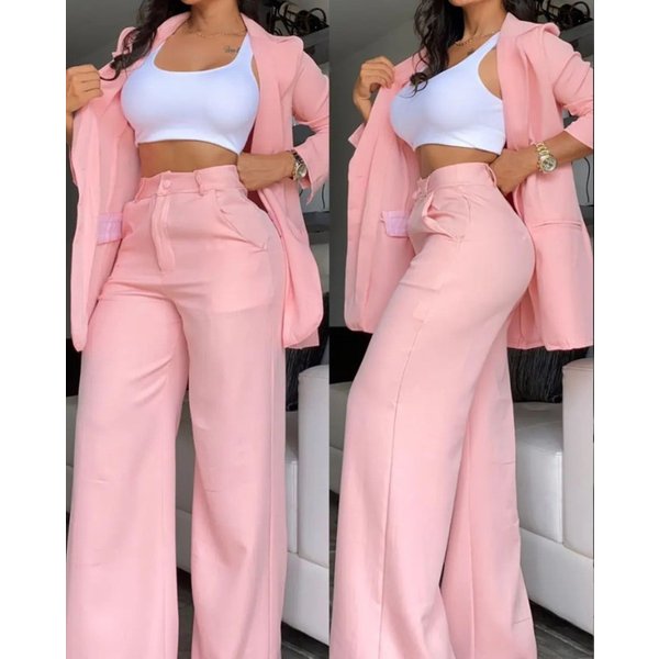 Women's Clothing, Elegant And Solid Color Split Sleeve Lapel Suit With Pockets And Straight Pants Suit