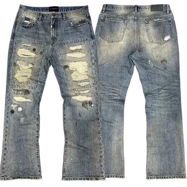 Men's Retro Patchwork Ripped Jeans High Street Style Distressed Finish Knife Cut Splatter Paint Dirty Wash Design Blue mid Waist