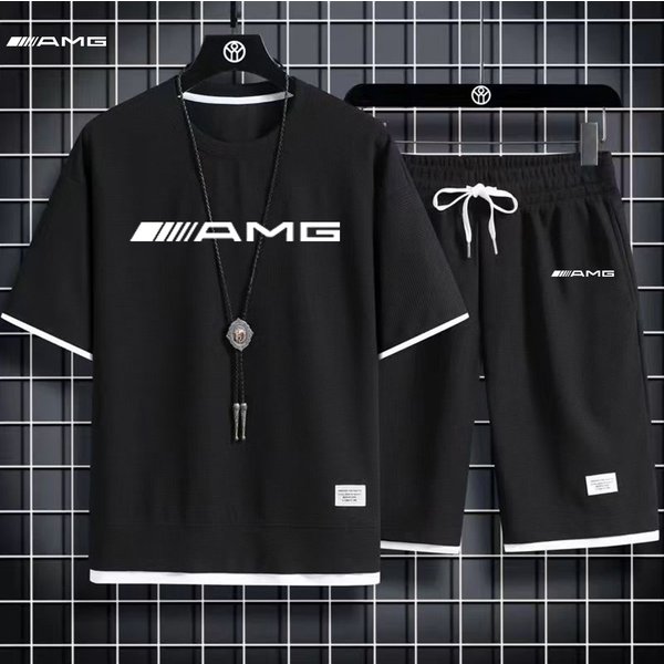 T&K Waffle Men's Round Neck Short Sleeved Shorts Summer T-Shirt Casual Sports Set-image