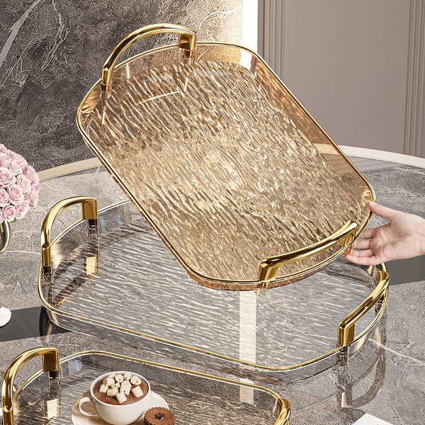 Crystal Clear Pet Rectangular Serving Tray With Handles – Glacial Texture Tea Cup Holder For Coffee Table, Dining & Kitchen-image
