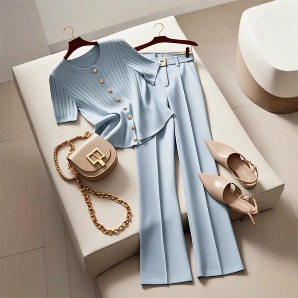 Women's Clothing Beautiful High End Super Good Looking Temperament Blue Two Piece Suit-image