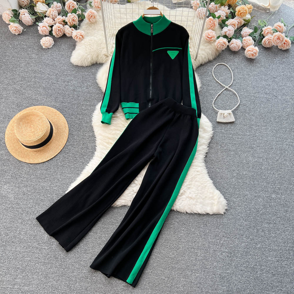 Women's Clothing Stylish Sports Contrast Color Long Sleeved Baseball Jacket Top Casual Pants Two Piece Autumn Women's Clothing-image