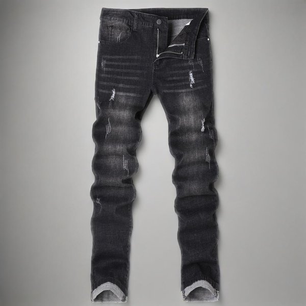 Men's Slim Straight Stretch Jeans - Distressed Black & Grey Washed Denim Pants For Casual Wear-image
