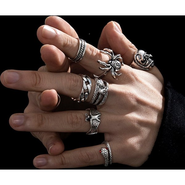Wind Trend Hip Hop Ring Men's Old Spider Snake Bat Skeleton Double Headed Snake Ring Men's 7-Piece Set-image