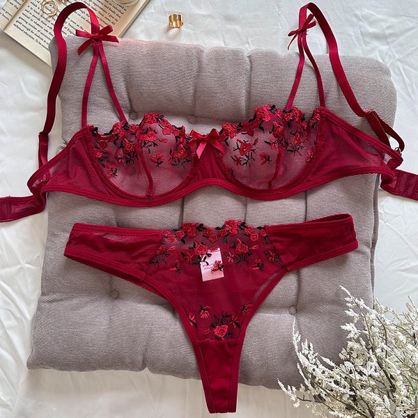 Women's Intimates Sexy Ink Painting Embroidered Butterfly Lace Bra Set Thin Cotton Cup Big Chest Small Bra-image