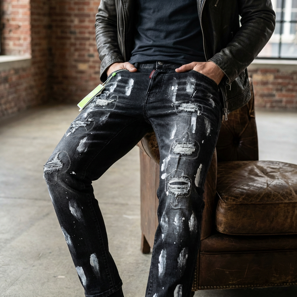 Men's Slim Fit Distressed Jeans Black/Grey Ripped Denim Pants With Stretch Comfort Mid Waist Long Cotton Pencil Pants-image