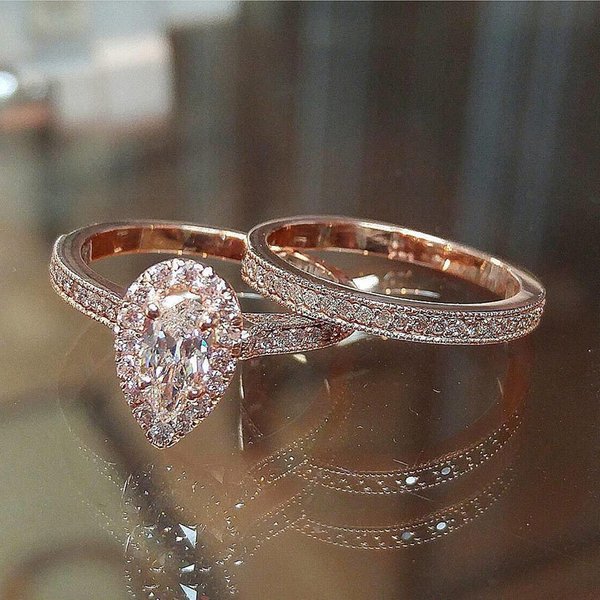 New Set Of Classic Pear Shaped Water Drop Zircon Engagement Ring Fashion Women's Trendy Hand Jewelry-image