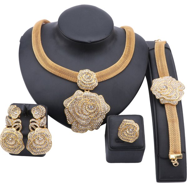 Italian Crystal Necklace Earings Bracelet Ring Jewelry Set African Bride Jewelry For Women Wedding Party Gifts-image