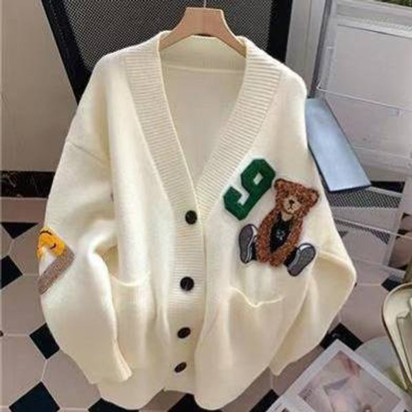 V-Neck Teddy Bear Cardigan – Oversized Acrylic Knit Sweater (One Size) – Soft & Cozy Campus Chic In Cream/Red/Navy-image