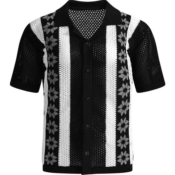 Men's 3D Hollow Out Short Sleeve Knit Cardigan - Breathable Summer Casual Stripe Shirt For Slim Fit Comfort-image