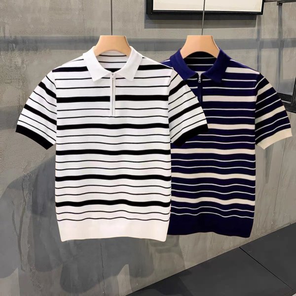 Men's Clothing Summer light mature simple fashion high end striped polo shirt men's young youth slim half zip collar T shirt men