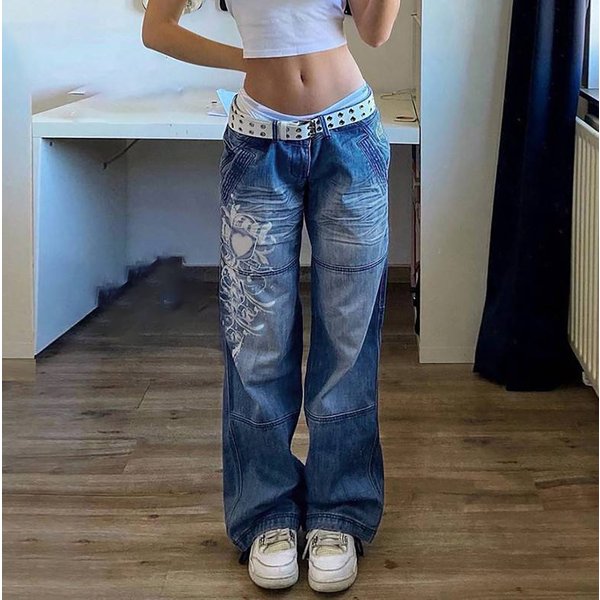 Women's Clothing Irregular Printed Loose Trousers Low Rise Pleated Washed Distressed Multi Color Jeans