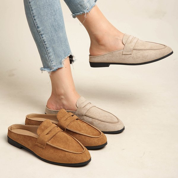 Women Suede Loafer Mules Plain Vamp Slip On Flats Open Back Round Toe Comfy Casual Office Daily Walking Shoes