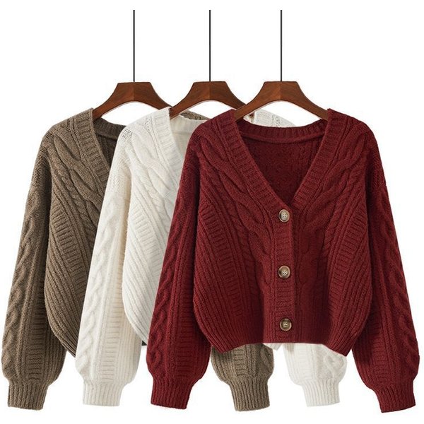 Women's Cable Knit Cardigan – Oversized V-Neck Open Front Sweater (Beige/Red/White) – One Size Fits Most