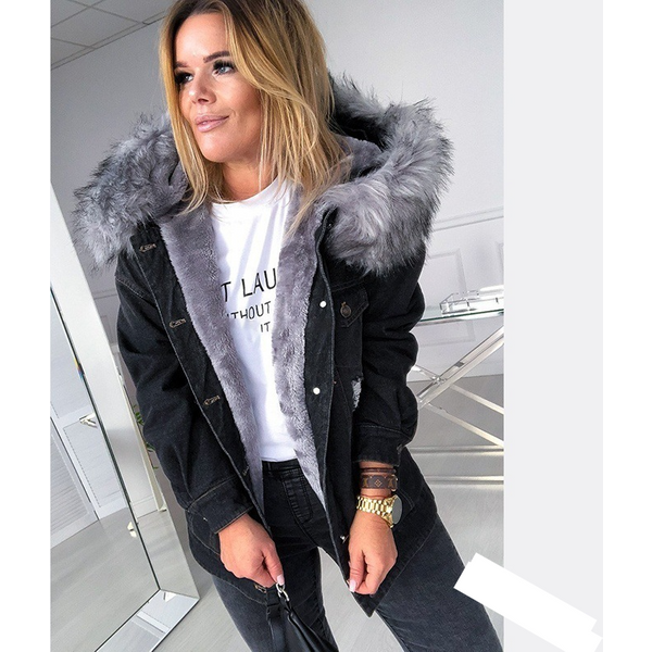 Women's Clothing New Plus Plush Collar Women's Thickened Cotton Denim Jacket-image