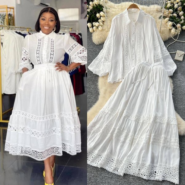 Women's Clothing Age Reducing Suit High Grade Hollow Lace Splicing Lantern Long Sleeved Shirt High Waisted Slim Fitting Skirt