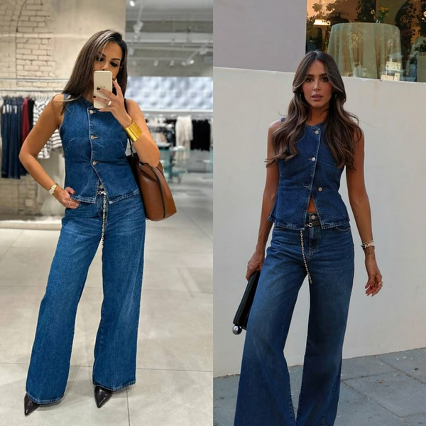Women's Clothing Solid Color Round Neck Sleeveless Denim Vest Waistcoat Belt Straight Slim Jeans