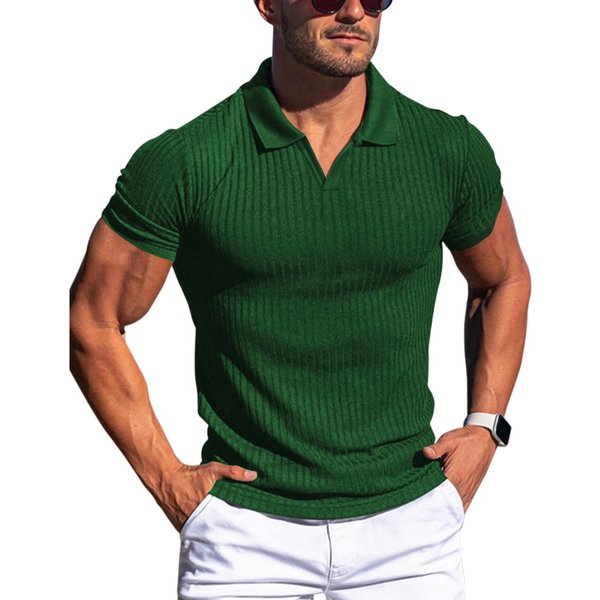Men's Polo Shirt Lapel V-Neck Vertical Stripe Short-Sleeved Men's T-Shirt-image