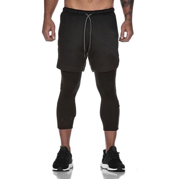 Man's Clothing Muscle Fitness Running Sports Casual Pants Quick Dry Tight Fake Two Stretch Nine-Point Pants Men-image