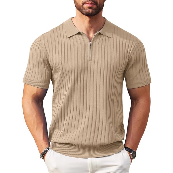 Men's Summer Polo Shirt Short Sleeve Solid Color Zipper Design Casual Trendy Knitwear In European And American Style-image