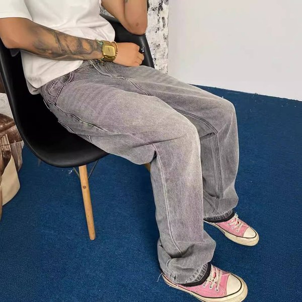 Men's Clothing Three Dimensional Tailoring Loose Baggy Ripped Cat Whisker Flared Pants For Men And Women Jeans-image