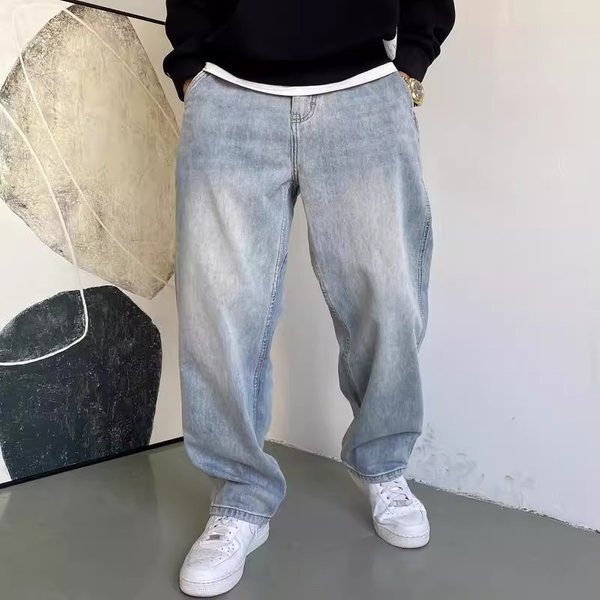 Men's Light Blue Relaxed Fit Straight Leg Jeans - Vintage Washed American Casual Loose Denim Pants For Big & Tall-image