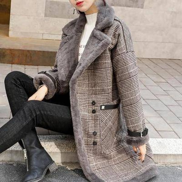 Women's Clothing wool coat mid length lamb wool plus velvet thickened wool coat