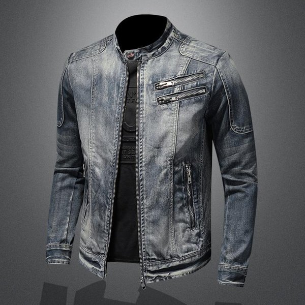 Men's Denim Jacket European And American Casual Retro Large Size Stand Collar Zipper Jacket Cycling Motorcycle Clothing Trend-image