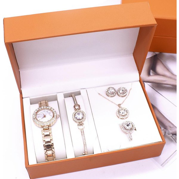 Luxury Women's Jewelry Gift Set - Rose Gold/Silver Watch With Necklace, Bracelet, Earrings & Ring, Elegant Quartz Timepiece & Matching Accessories
