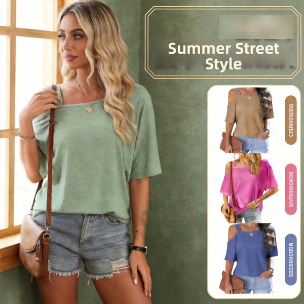 Women's Off-Shoulder T-Shirt – Asymmetric Neckline Casual Top (Loose Fit Short Sleeve)