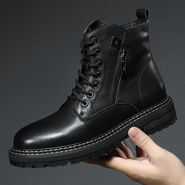 Leather Men's Boots Autumn And Winter Cowhide Men's Work Boots With Fleece Top All Match Men's High Tops-image