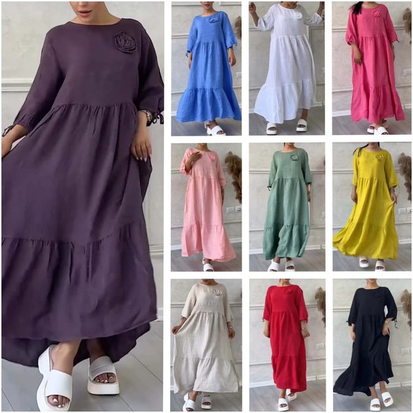 Casual Long Sleeve Smocked Back Tie-Detail Cotton Linen Summer Dress- Flowy A-Line Maxi Dress With Round Neck & Adjustable Drawstring-image