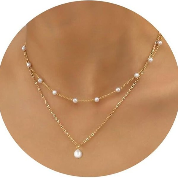 Hot Selling Real Gold Plated Brass Pearl Necklace Layered Design Double Layer Clavicle Chain For Women-image