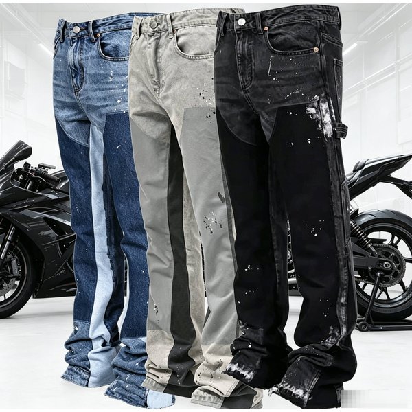Men's Clothing 26 Fashion Overalls Hot Selling Elastic Patch Denim Layered Flared Pants-image