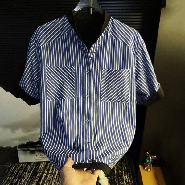 Trendy Men's Summer Striped Loose Fitting Short Sleeved Shirt Cool Edgy Style Top For Men-image